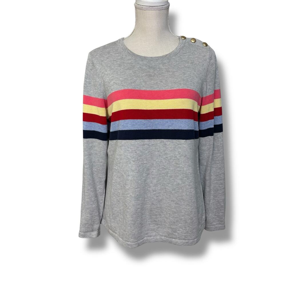 Charter Club Gray Crew Neck Sweater with Colorful Stripes Size M